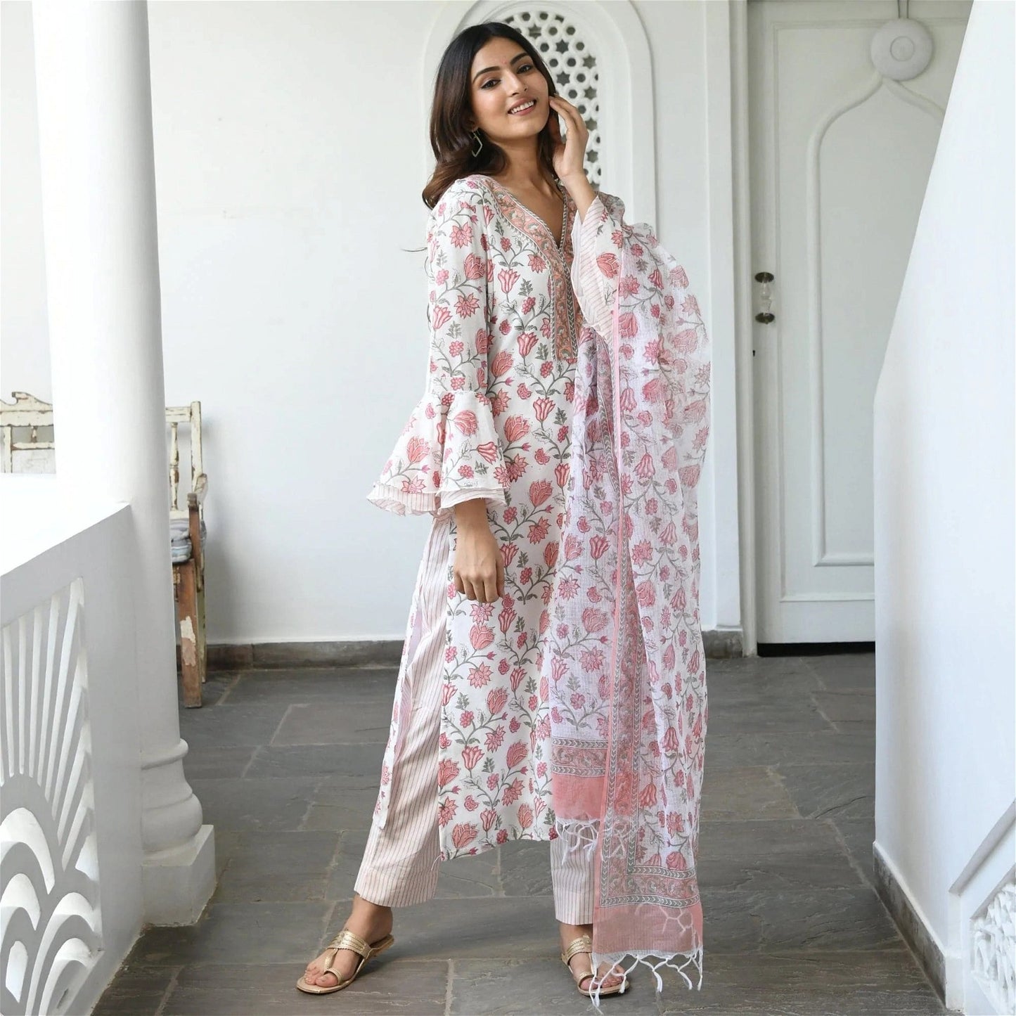 White & Pink Floral Print Fancy Kurti With Bottom & Dupatta set