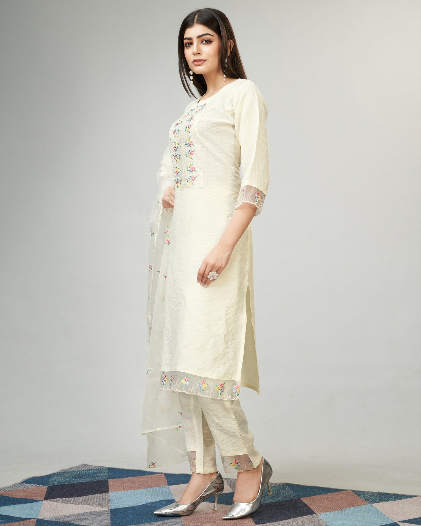 Off White Party Wear Embroidery Worked Kurta With Pant And Duppata Set