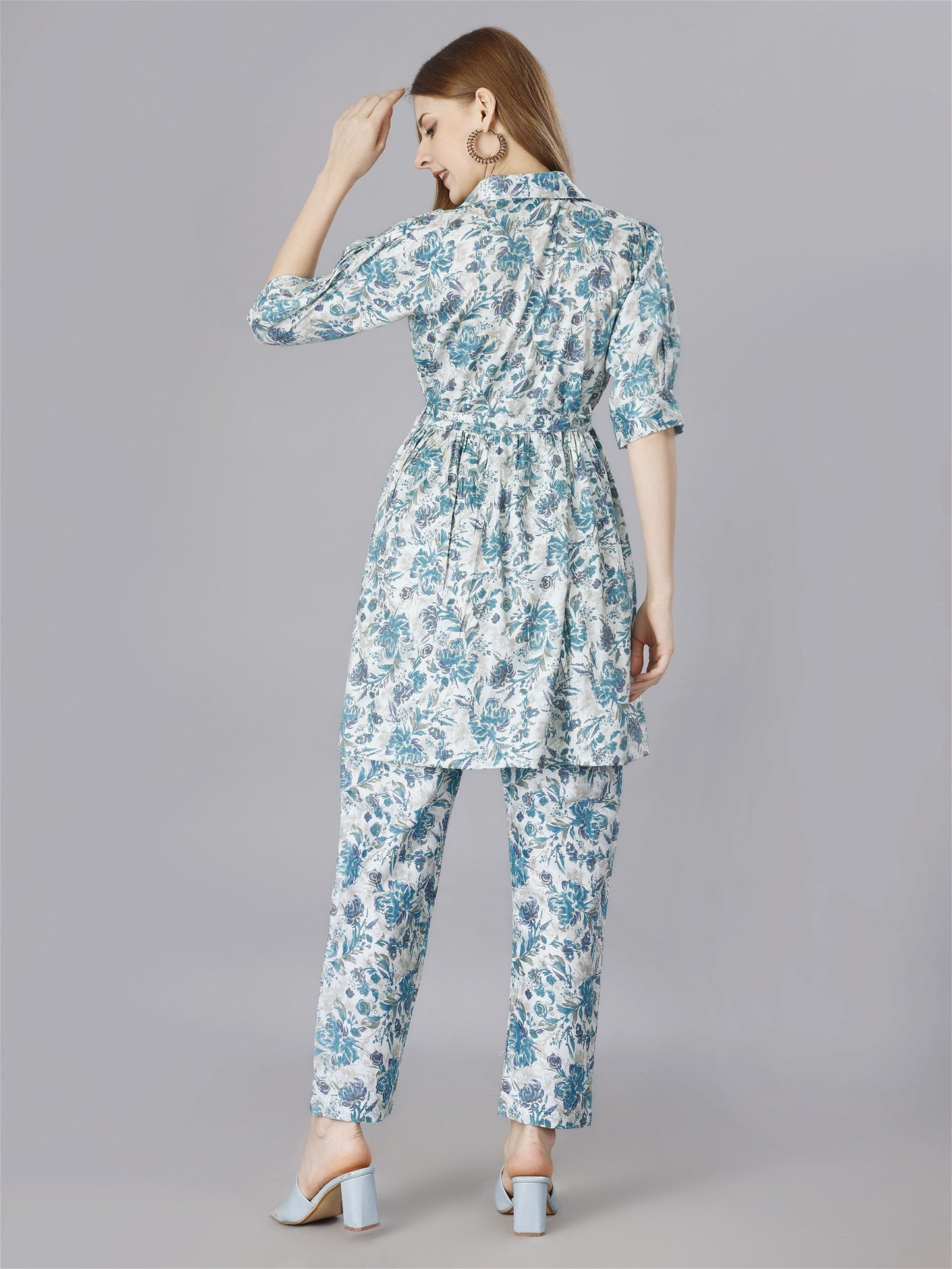 Printed  Blue 2-Piece Shirt & Trousers Set