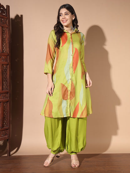 Green Colour Digital Print Casual Kurta With Patiyala Set