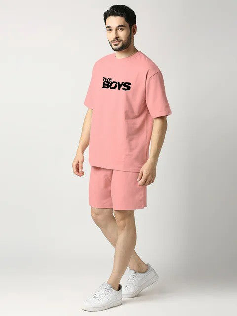 Pure Cotton Men T-shirt and Shorts Set in Pink Color