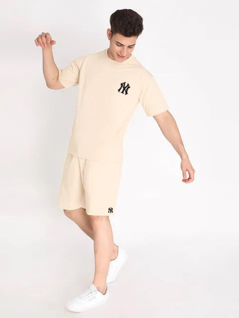 Pure Cotton Men T-shirt and Shorts Set in Cream Color