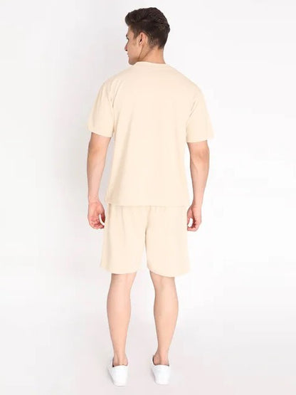 Pure Cotton Men T-shirt and Shorts Set in Cream Color