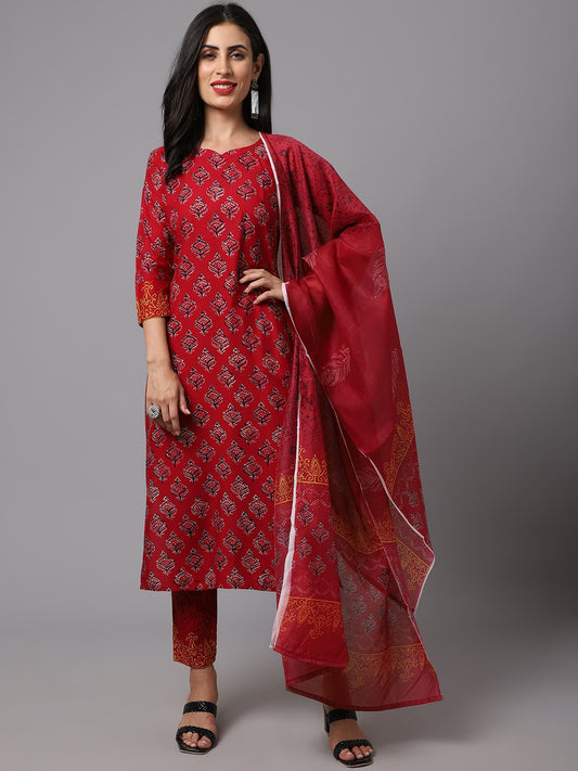 Maroon Straight Floral Printed Kurta with Trouser and Dupatta