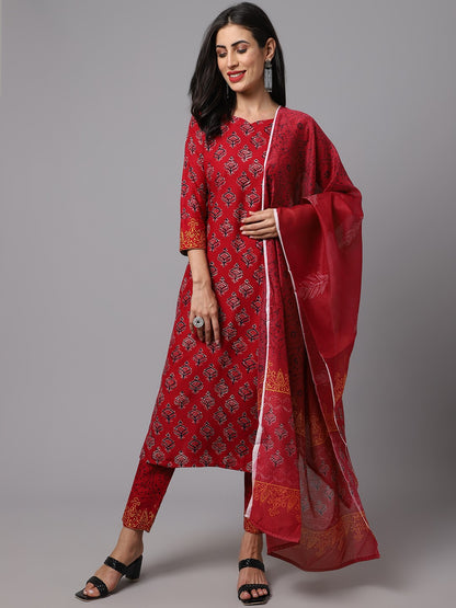 Maroon Straight Floral Printed Kurta with Trouser and Dupatta