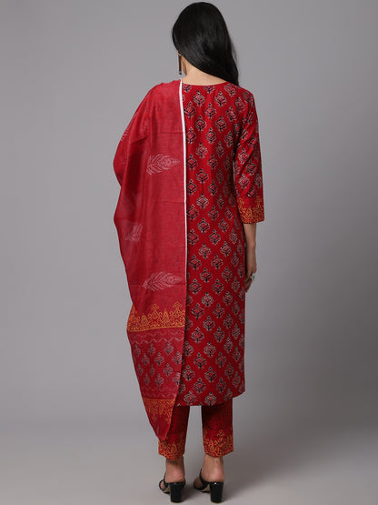 Maroon Straight Floral Printed Kurta with Trouser and Dupatta