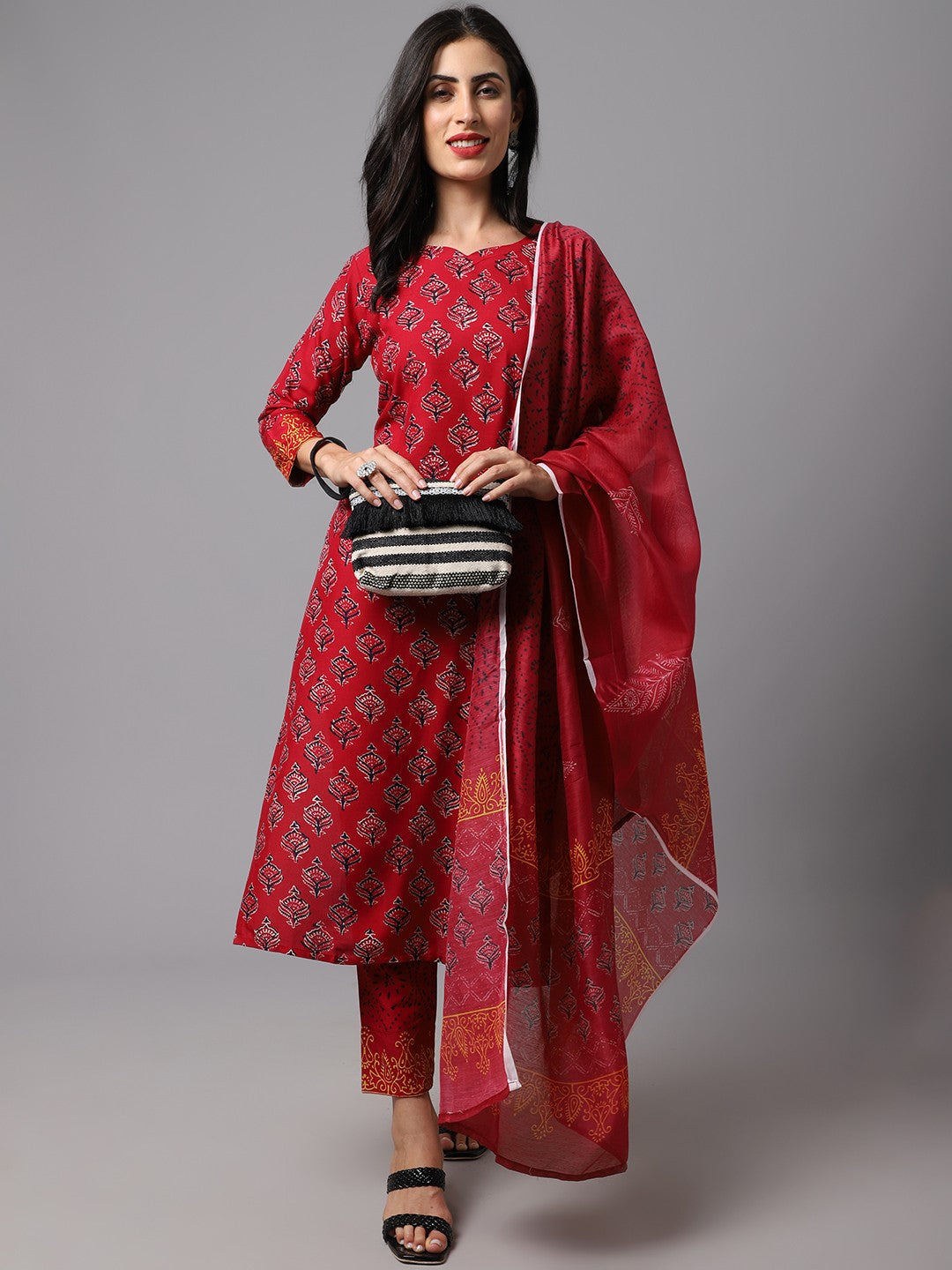 Maroon Straight Floral Printed Kurta with Trouser and Dupatta