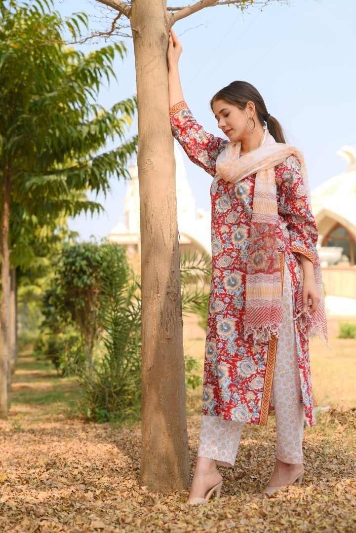 Straight Floral Printed Kurta set with Pant and Dupatta