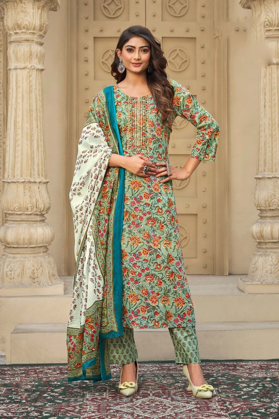 Floral Printed Beautiful Designer Cotton Kurti With Bottom wear and Dupatta