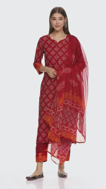 Maroon Straight Floral Printed Kurta with Trouser and Dupatta