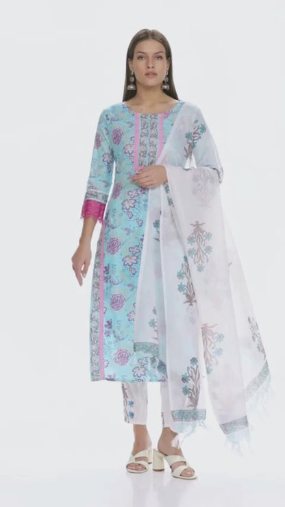 Pink & Sky Blue Fancy Kurti With Bottom Dupatta set