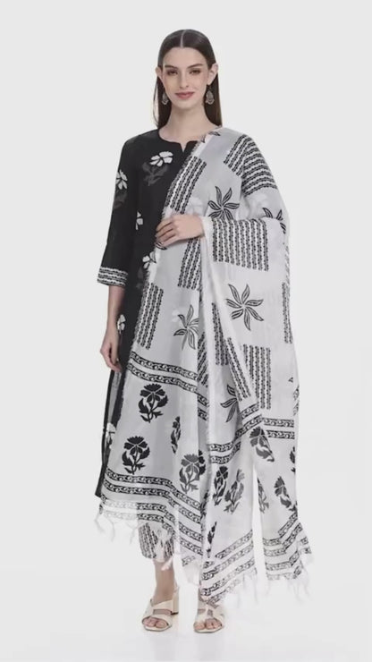 Black & Light Grey Fancy wear Kurti With Bottom Dupatta set