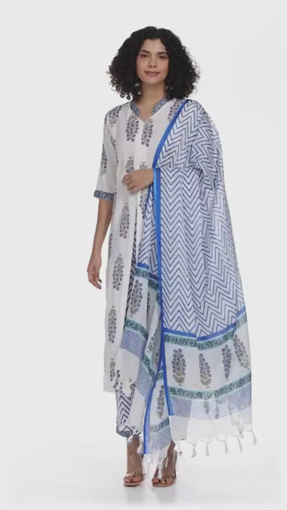 White & Royal Blue Printed Fancy Kurti With Bottom & Dupatta set