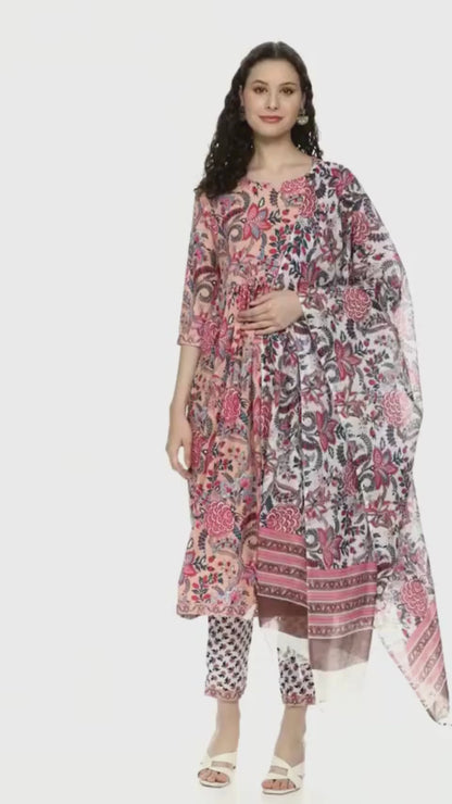 Peach & Baby Pink Printed Fancy Kurti With Bottom Dupatta set